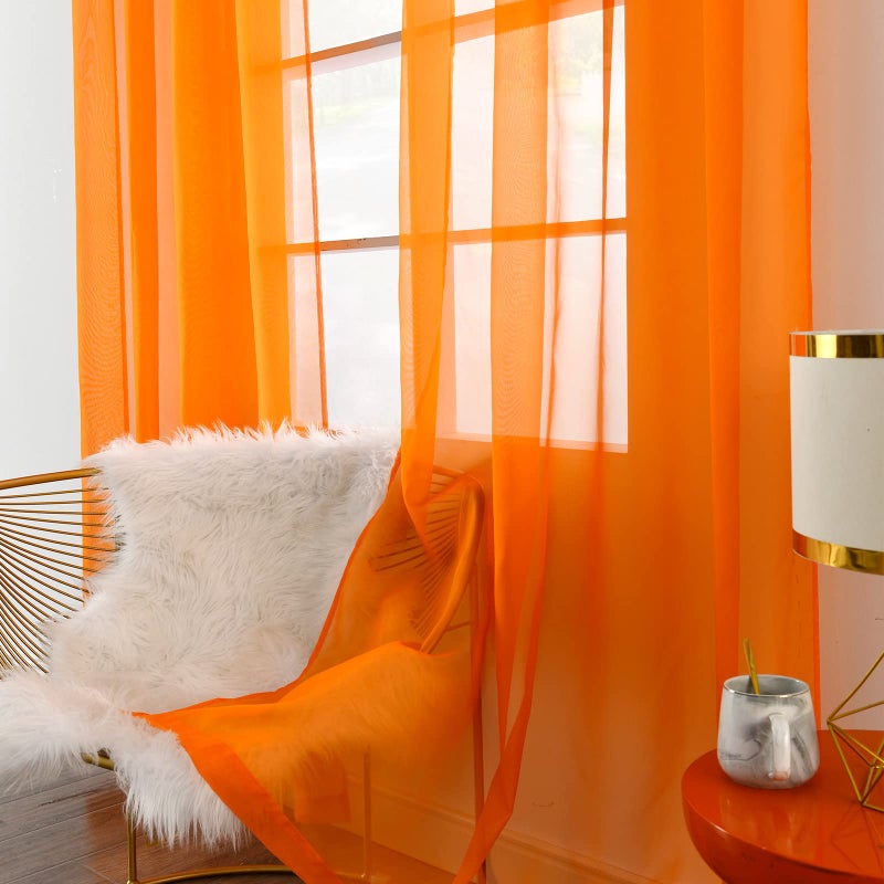 youleyar Solid Sheer Rod Pocket Curtain Voile Draperies 2 Panels White Beige Black Grey Coffee 52 Inch Width 72 Inch Long 1 Pair for Kitchen Bedroom Children Living Room Yard (Orange,52Wx72L) - Image 2